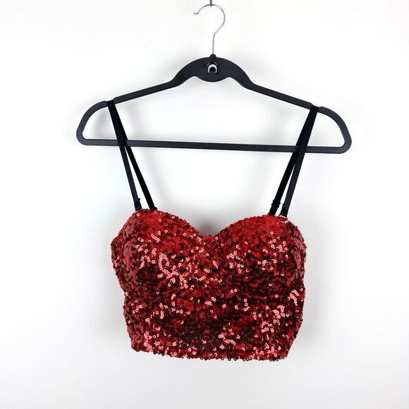 WET SEAL Red Sequins Women's Camisole Bustier Party Holiday Crop Top Large - Picture 4 of 14
